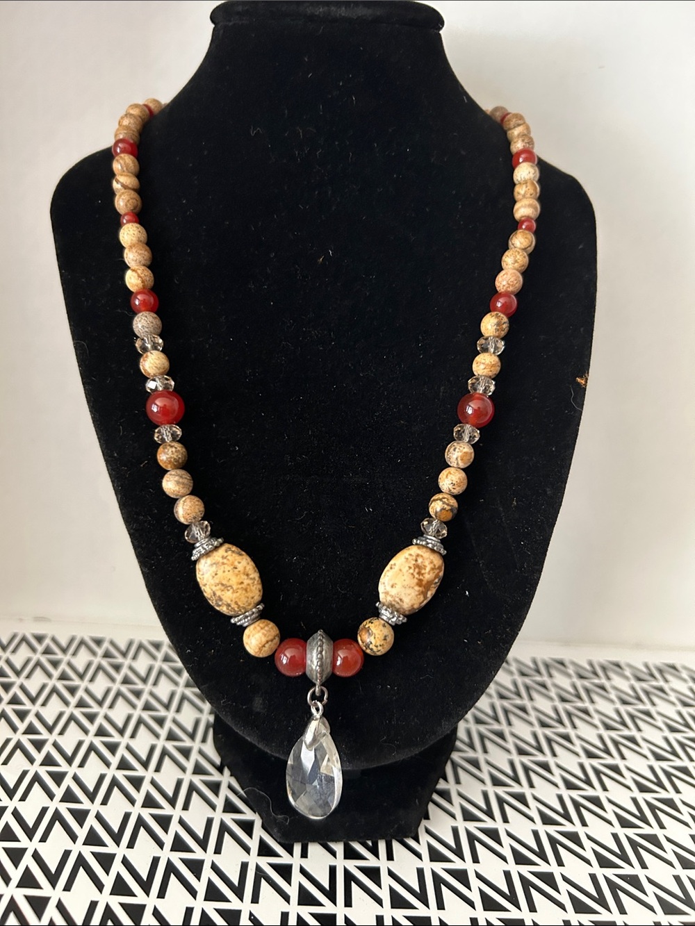 Handcrafted Tan and Red Beaded Necklace with Crystal Pendant